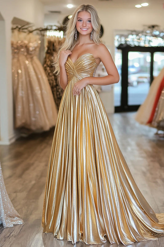 Chic Gold A-Line Deep-V Satin Pleated Long Prom Dress