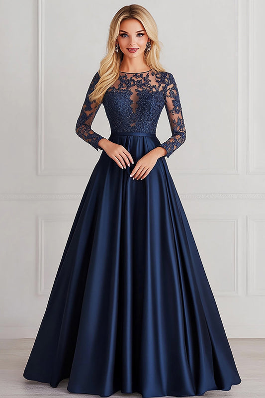 Robe de mariée A-Line longue avec manches longues et haut en dentelle scintillante pour mère de la mariée en satin bleu marine