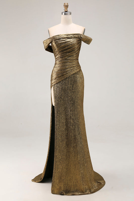 Off-The-Shoulder Metallic Gold Sheath Prom Dress With Slit