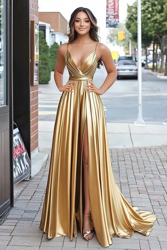 Metallic Satin A-Line Pleated V-Neck Gold Prom Dress with Slit