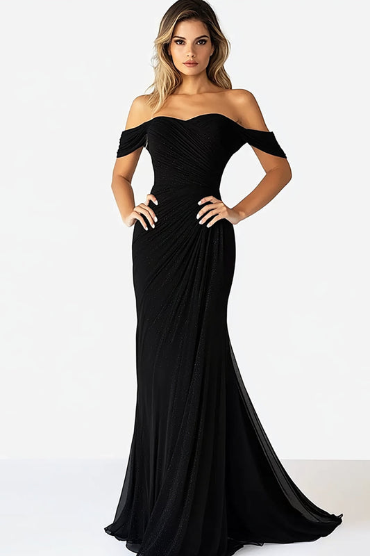 Robe de soirée longue fourreau noire simple avec épaules dénudées