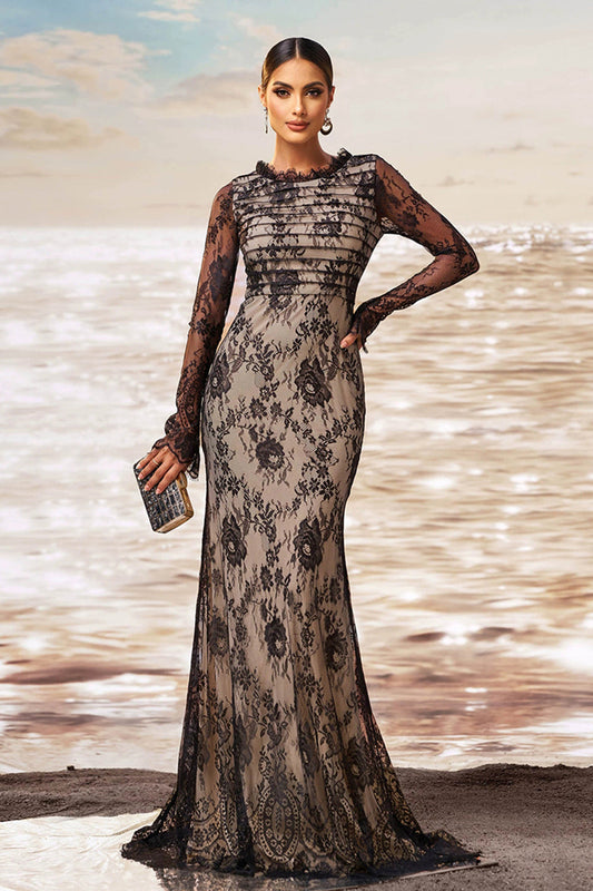 Robe longue de soirée à manches longues et volants, col sirène, ruchée en dentelle, couleur noir abricot
