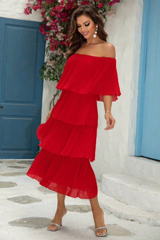 Red Off-the-Shoulder Tiered Pleated A-Line Bridesmaid Dress