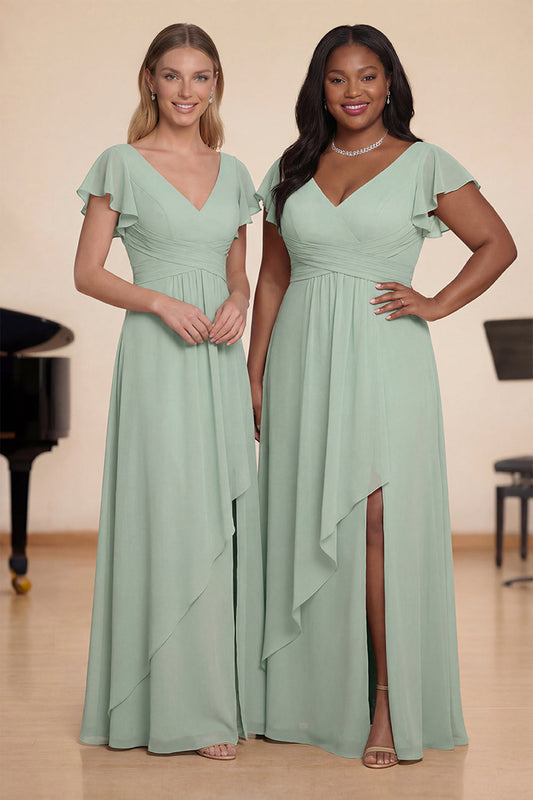 Sage Green A-Line Flutter Sleeves Long Chiffon Choir Dress with Slit