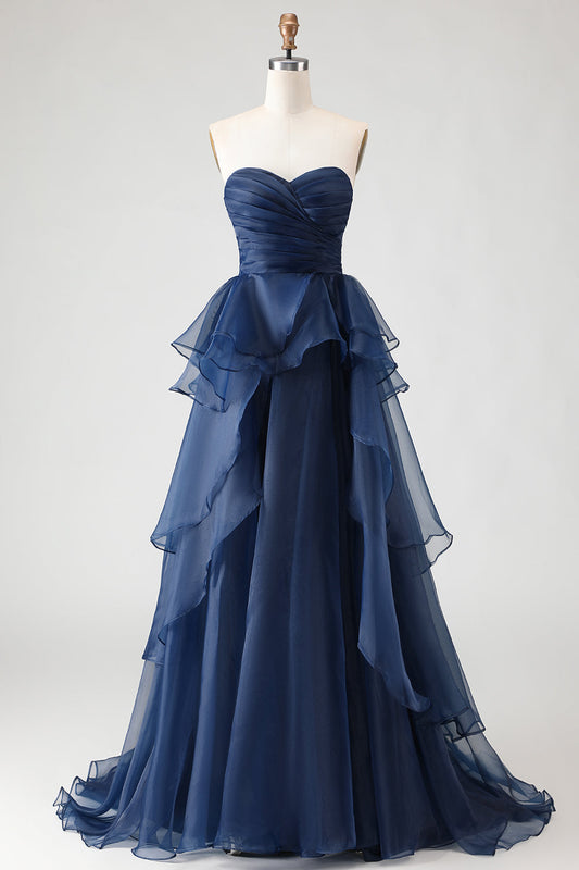 Vestido Largo de Fiesta de Línea A sin Tirantes con Volantes y Corte Princesa en Color Azul Marino
