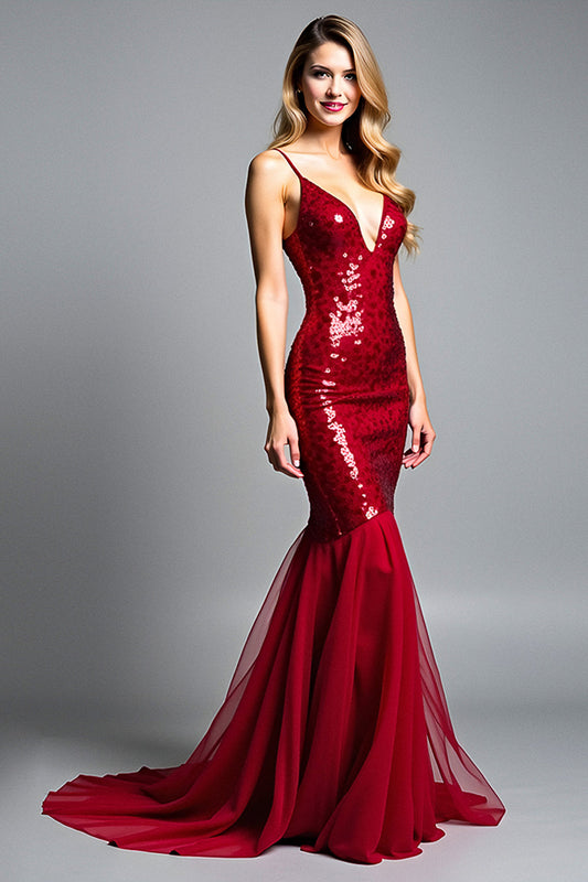 Robe de soirée sirène rouge à bretelles spaghetti et décolleté en V à sequins