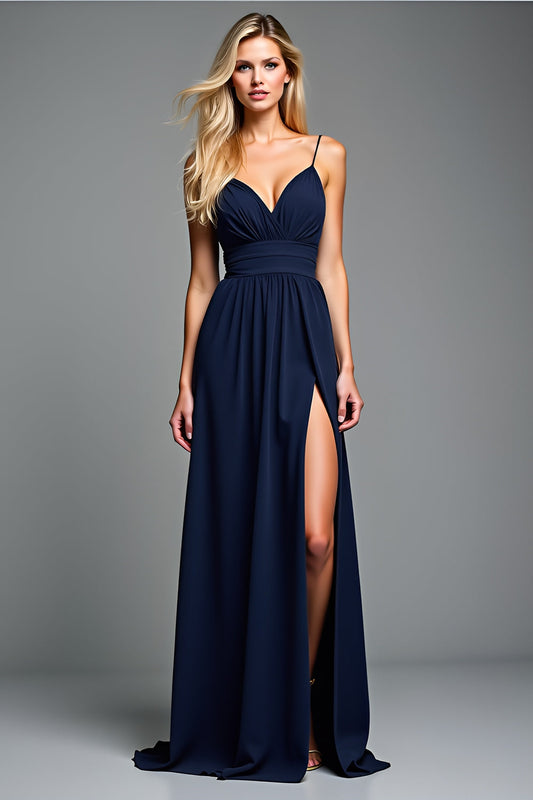 Robe longue de soirée A-ligne à fines bretelles