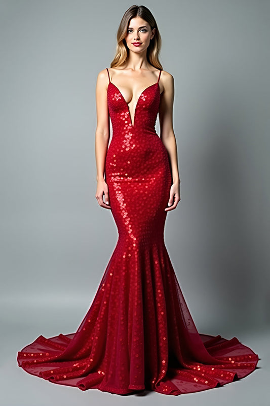 Robe de bal longue sirène rouge pailletée à bretelles fines