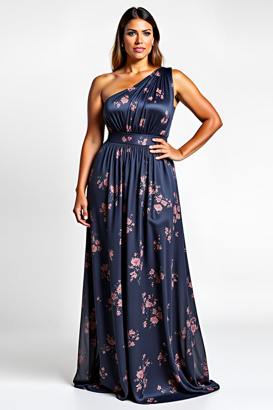 Robe de demoiselle d'honneur longue asymétrique coupe trapèze à motif floral bleu marine