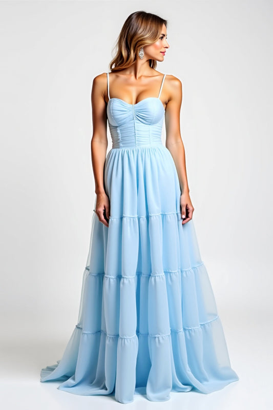 Sky Blue Tiered A Line Spaghetti Straps Bridesmaid Dress