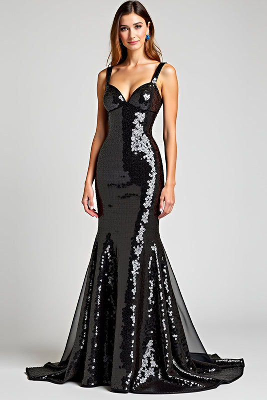 Robe de soirée sirène noire pailletée col V et dos lacé