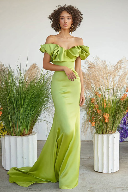 Robe de soirée longue sirène en satin vert citron, épaules dénudées