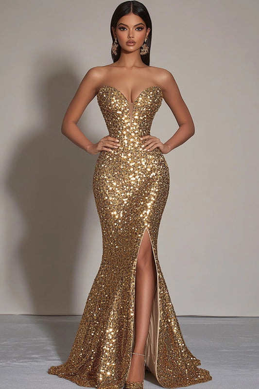 Robe de Soirée Fourreau Sirène Sans Bretelles Fendue Paillettes Dorées Scintillantes