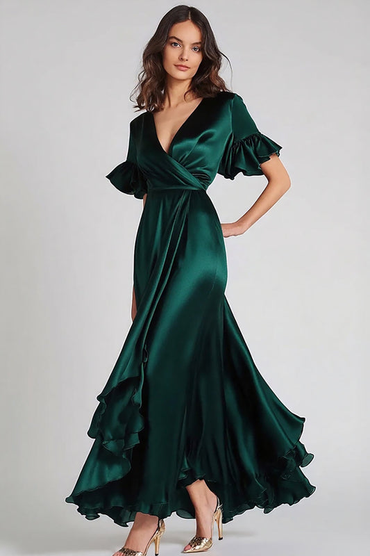 Robe de soirée longue trapèze vert foncé à volants et col en V