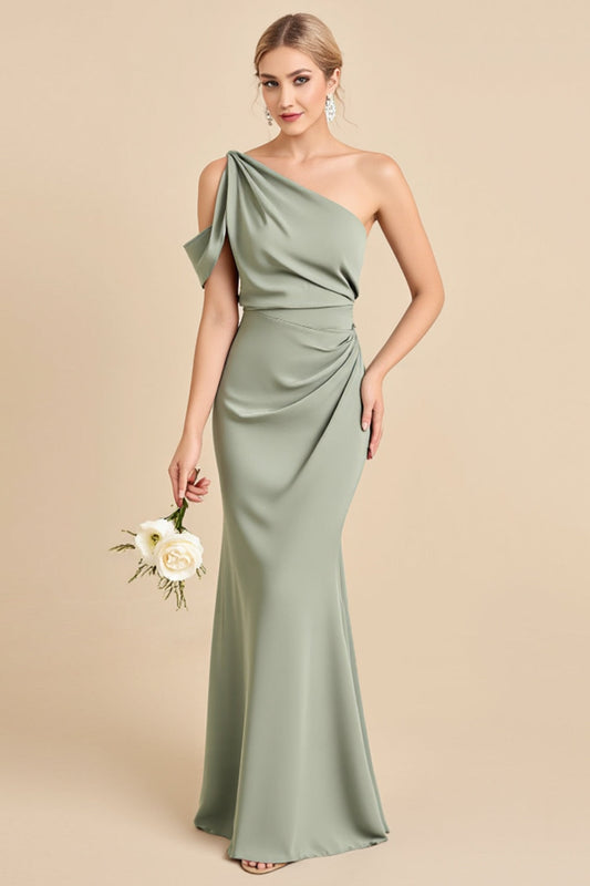 Matcha One-Shoulder Mermaid Long Satin Bridesmaid Dress