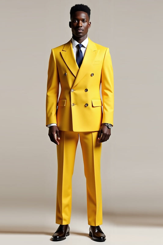 Costume de bal double boutonnage à revers crantés jaune pour homme