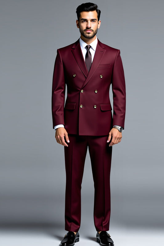 Costumes de bal pour hommes bordeaux à double boutonnage et revers crantés
