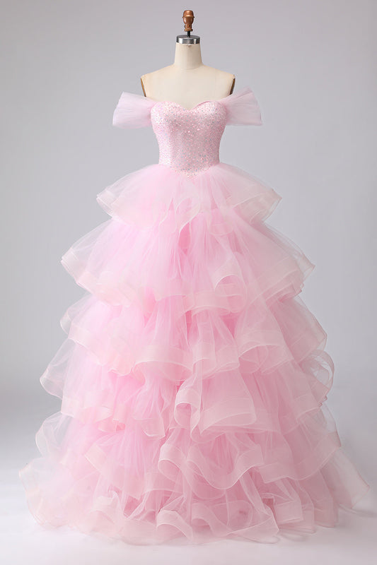 Pink Princess Off The Shoulder Tiered Ruffled Long Prom Dress with Sequins