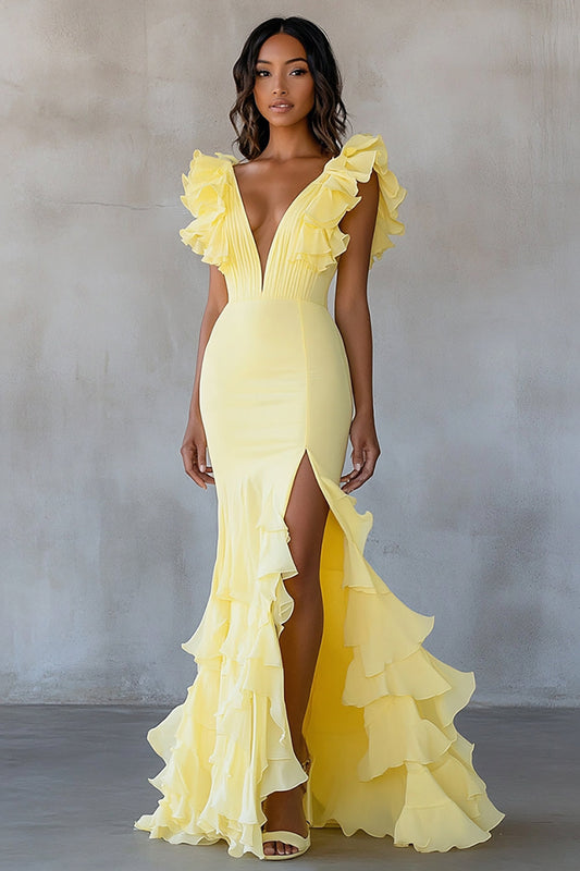 Robe de Soirée Fourreau Jaune avec Col en V, Volants et Fente