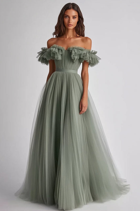 Robe de soirée trapèze volante à épaules dénudées vert sauge poussiéreux