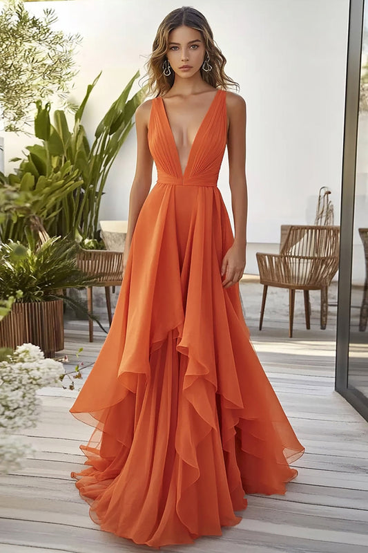 Robe de cérémonie évasée en organza volanté orange