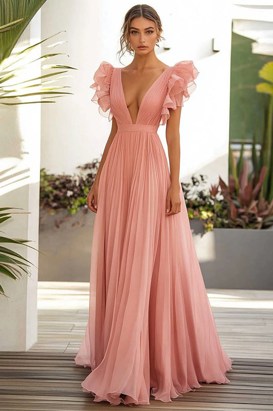 Robe longue fuchsia évasée à volants et col en V pour invitée de mariage