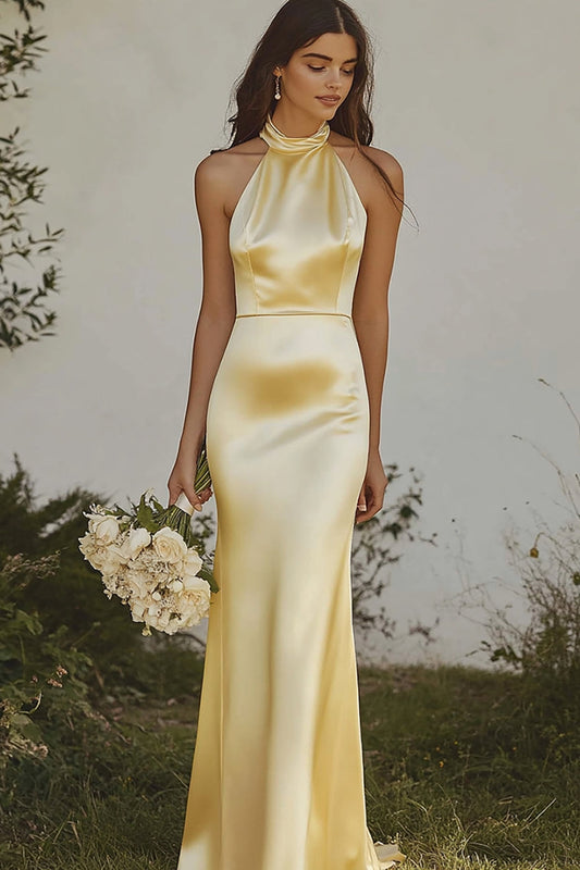 Light Yellow Halter Mermaid Satin Bridesmaid Dress