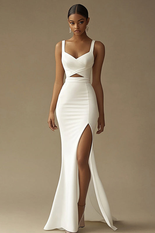 Robe de mariée longue blanche coupe sirène avec fente et découpes