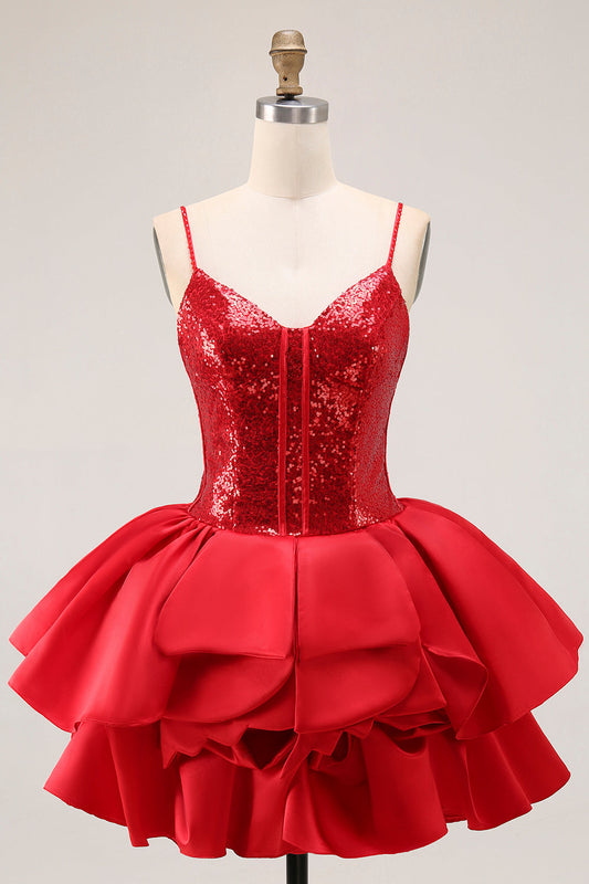 Robe de cocktail évasée à volants rouges scintillante
