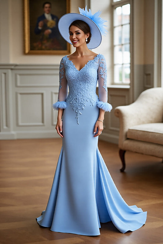 Robe Mère de la Mariée Sirène Bleu Ciel avec Appliques