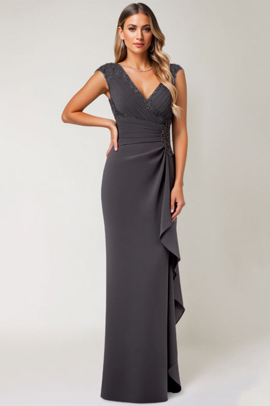 Robe longue sirène en mousseline de soie gris acier avec volants pour la mère de la mariée