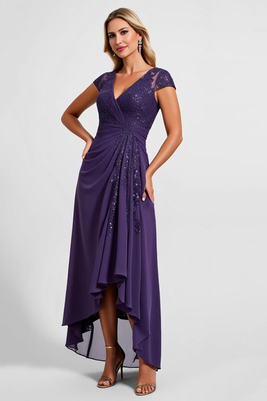 Robe longue en mousseline de soie violette scintillante avec dentelle pour la mère de la mariée