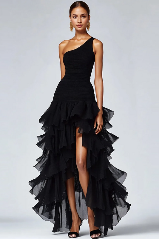 Robe de soirée noire ligne A asymétrique à volants avec fente