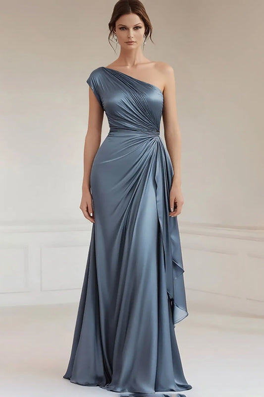 Robe de soirée asymétrique gris-bleu drapée