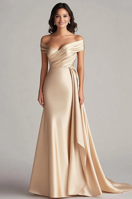 Robe longue de soirée champagne à épaules dénudées