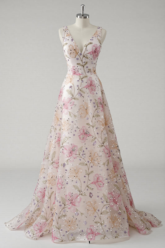 Vestido de Fiesta con Escote en V, Floral, Rosa Brillante