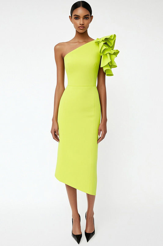 Robe de soirée asymétrique jaune citron en satin à volants, avec épaule dénudée