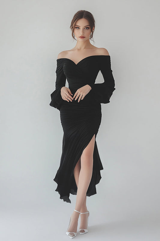 Robe de soirée longue en mousseline noire à manches longues et volants