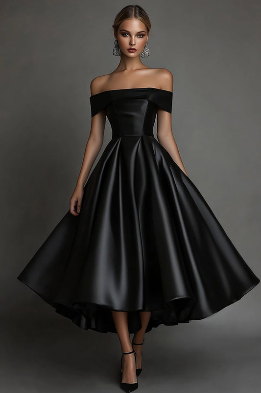 Robe de Soirée Longue Simple Trapèze en Satin Noir