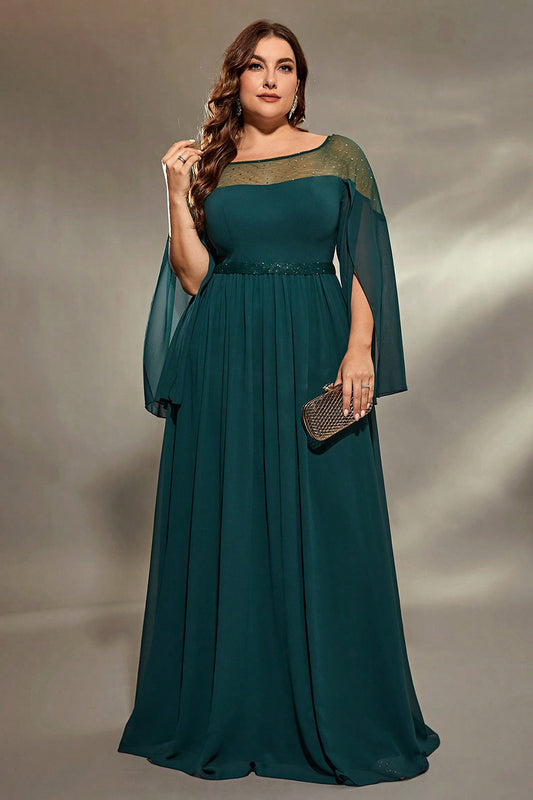 Robe longue de mère de mariée en mousseline bleu paon étincelant avec perles