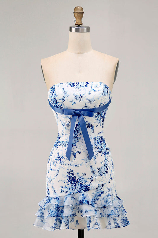 Vestido de fiesta corto estampado sin tirantes ajustado con flores blancas y azules