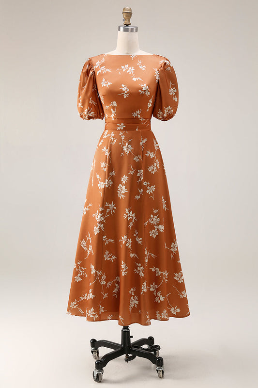 Orange Floral Printed A-Line Midi Wedding Guest Dress with Sleeves