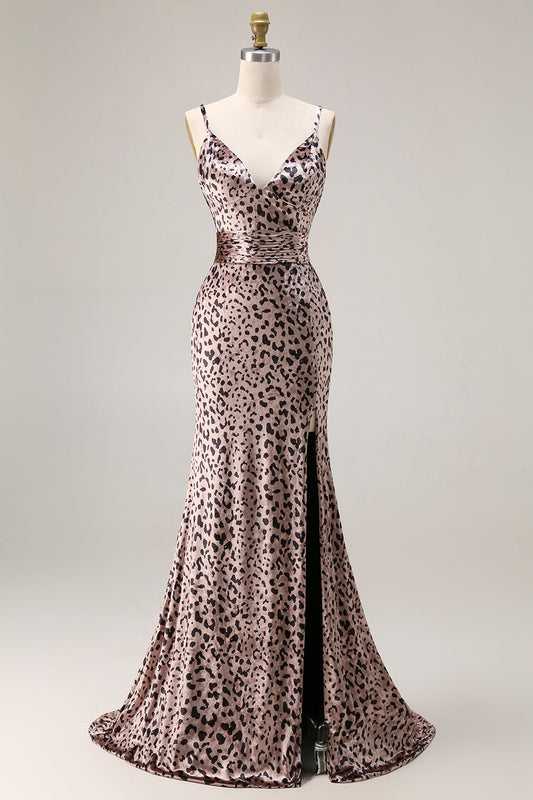 Robe de bal longue sirĂšne Ă fines bretelles Golden Leopard avec fente