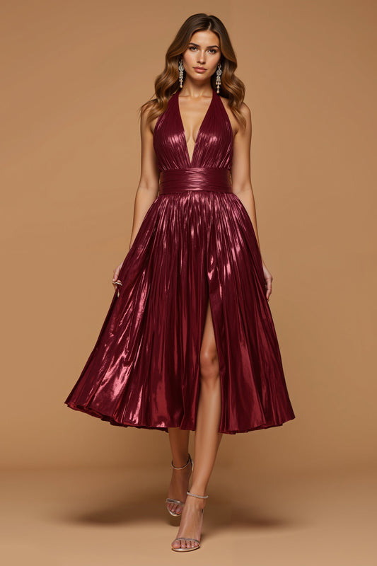 Robe de soirée trapèze métallisée bordeaux scintillante avec fente