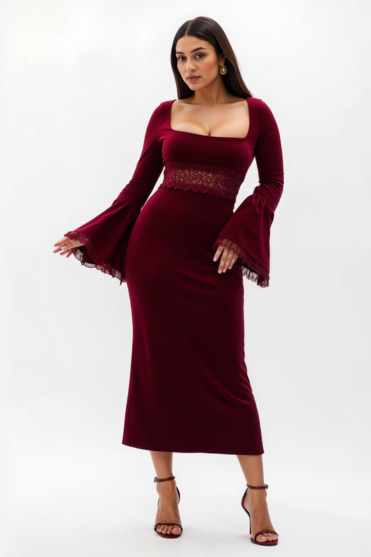 Burgundy Sheath Velvet Square Neck Long Holiday Party Dress With Appliqués