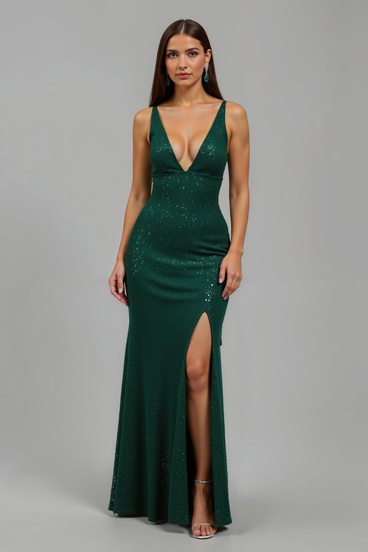 Robe de soirée longue sirène vert foncé scintillante avec col en V et fente