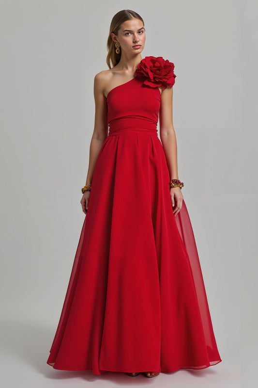 Red Floral A-Line One-Shoulder Long Holiday Party Dress