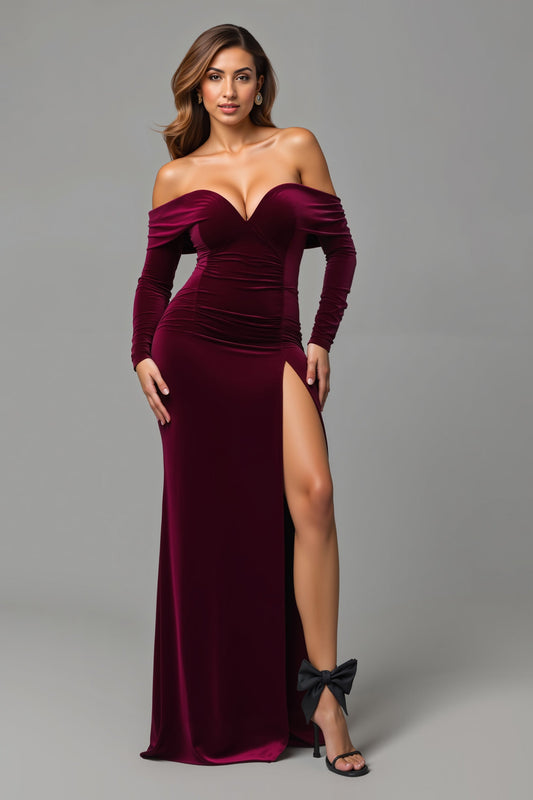 Burgundy Mermaid Off-The-Shoulder Long Holiday Dress