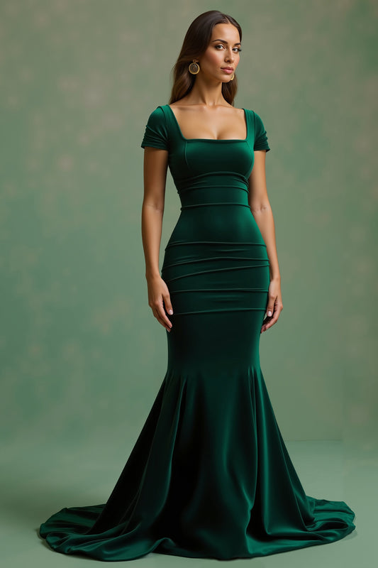 Robe longue de vacances vert foncé sirène à encolure carrée