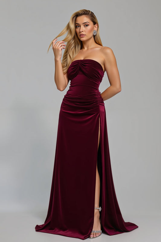 Robe de soirée moulante ruchée sans bretelles bordeaux